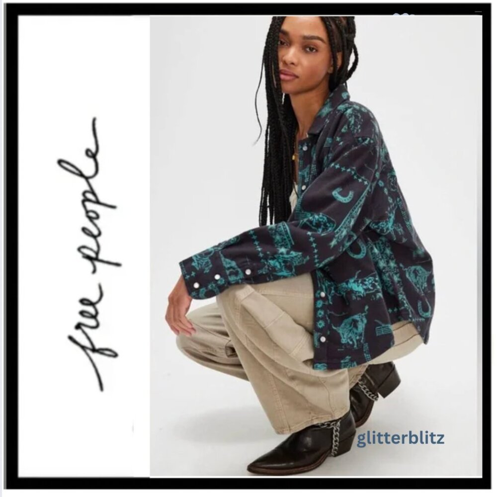 Free People "We the Free" Calico Western Print Flannel Shirt Charcoal Combo